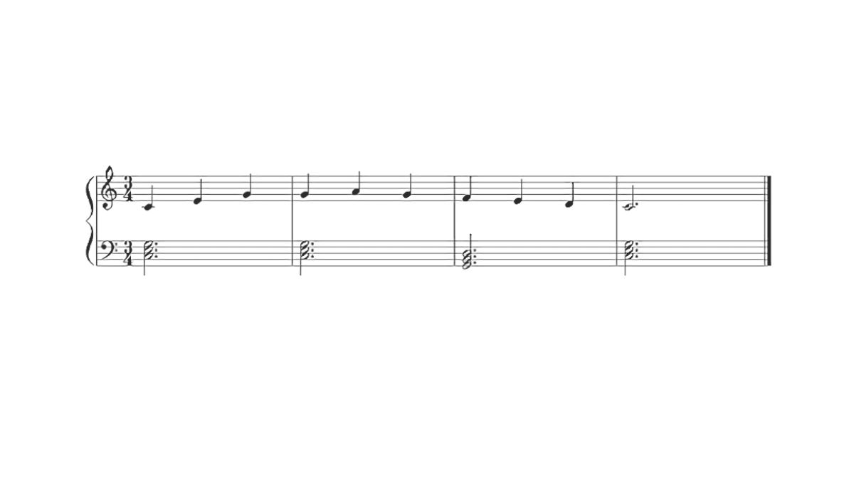 Chords formed vertically on the bottom staff, while the melody moves in rhythm from left to right.