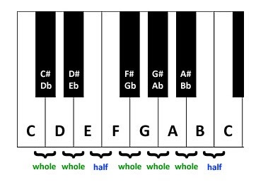 major scale whole step and half step pattern shown on a piano keyboard