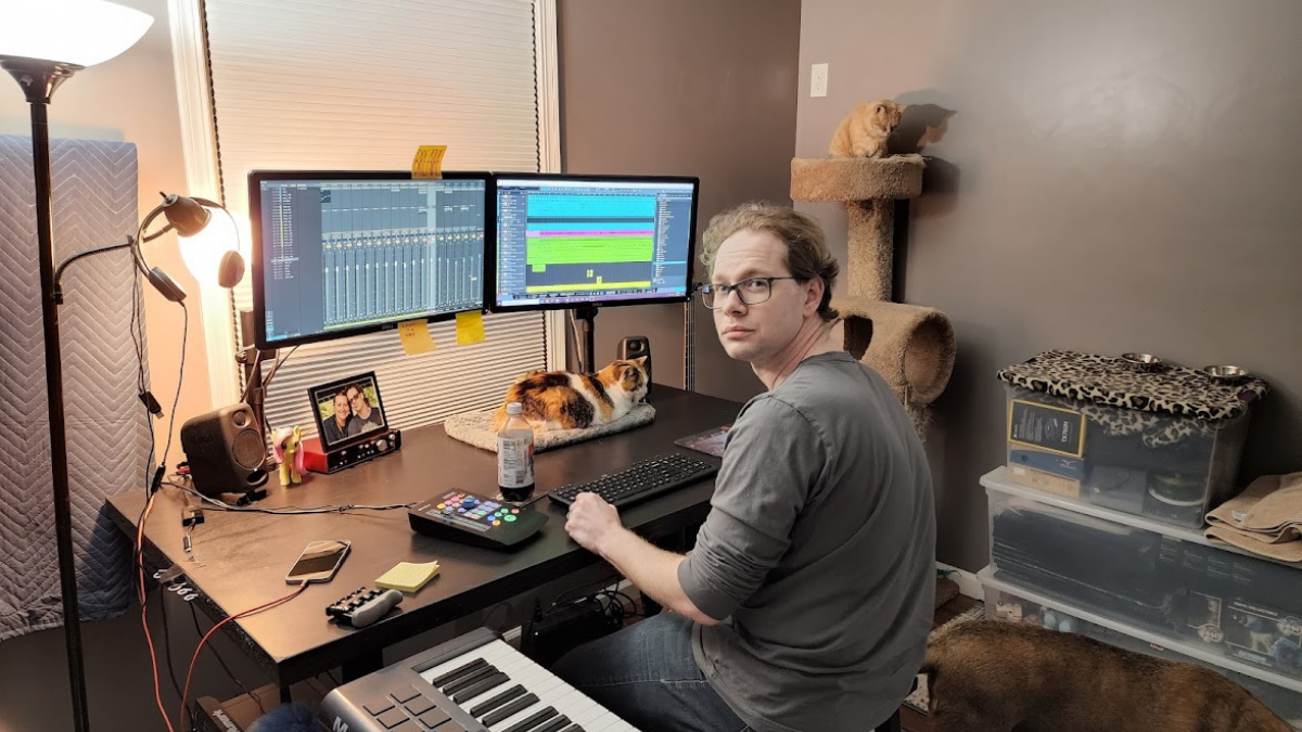 Adam Noveskey in his music production studio 